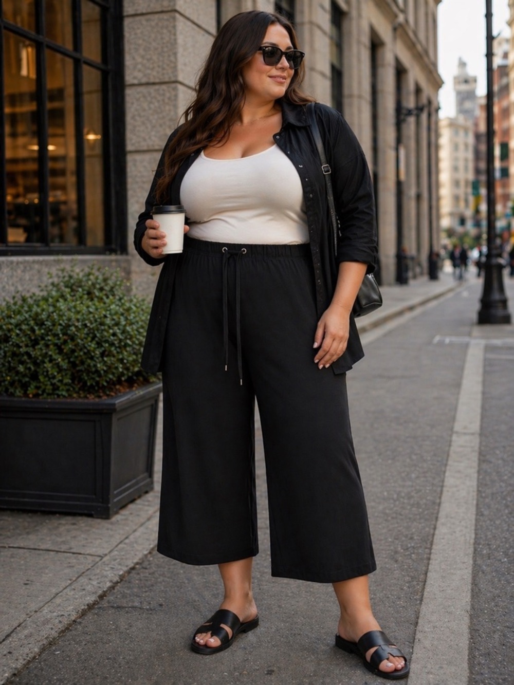 AVENUE Women’s Black Stretch Wide Leg Cropped Drawstring Pants 18/20